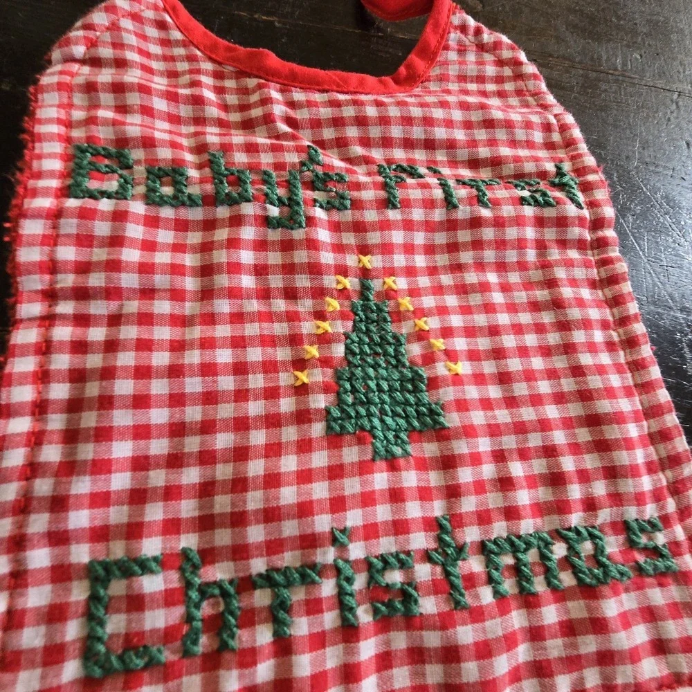 Vtg 80s Gingham Check Embroidered Cross Stitch Infant Bib Baby's First Christmas